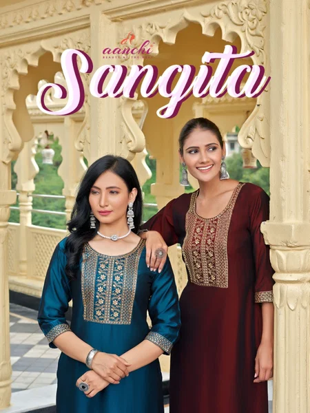 Sangita By Aanchi Rangeela Silk Fancy Embroidery Straight Cut Kurtis Exporters In India

